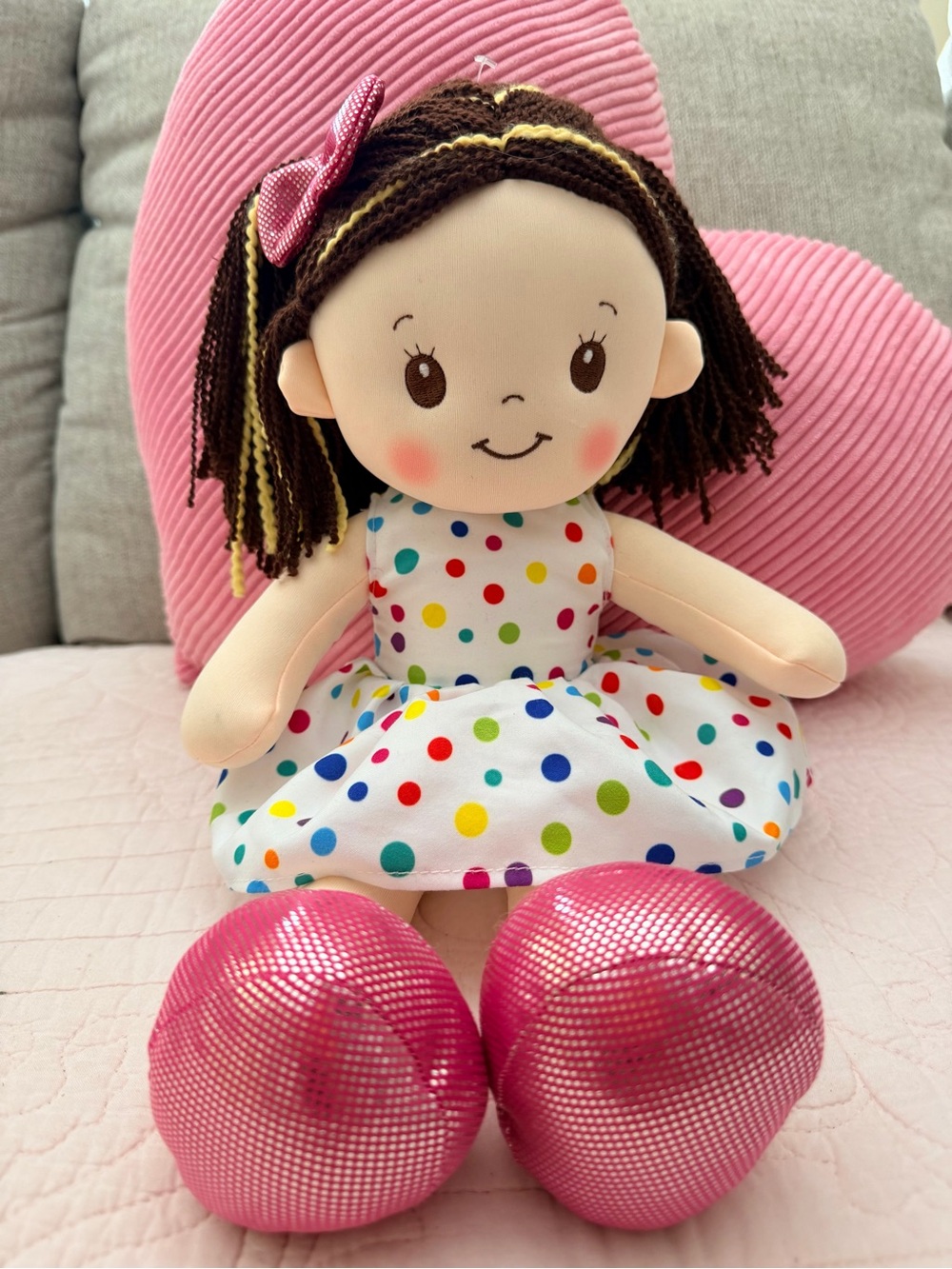 Plush Polka Dot Girl Doll - Pink Bow and Shoes